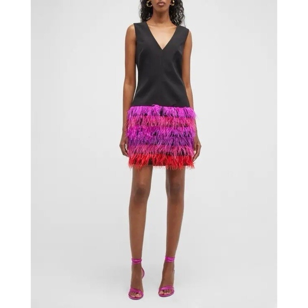 Milly Veronica Feather Mini Dress Black Pink Ostrich Trim Sleeveless‎ Size 4 NWT